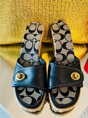 Coach Black Leather Wedge Sandals in Signature Print with Turn Lock Buckle